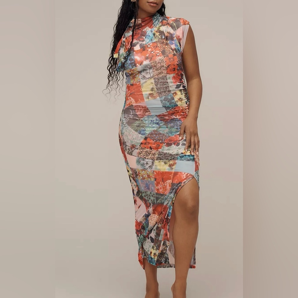 The Maya Ruched Cowl Neck Dress: Mesh Edition Size XS
